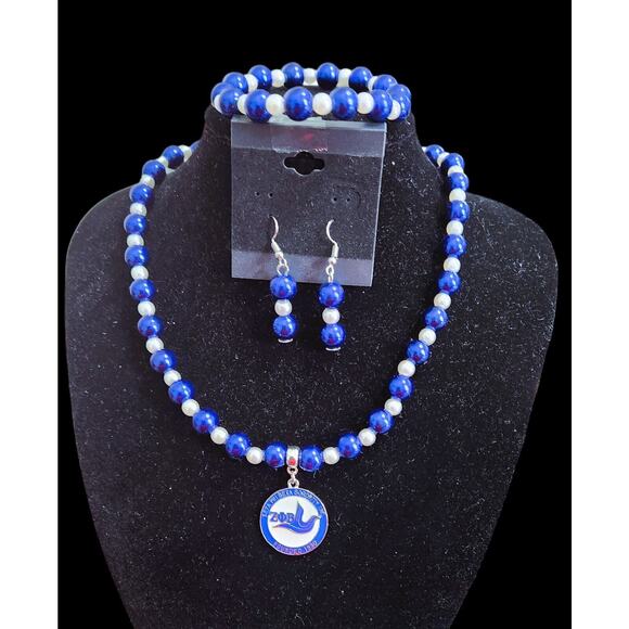 Zeta Phi Beta Jewelry Set Blue and white Necklace, Bracelet and Earrings - Picture 1 of 6